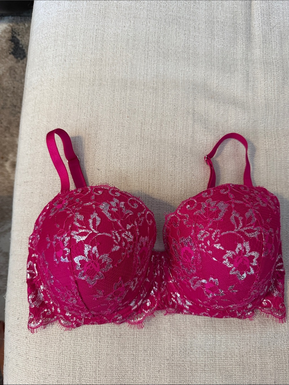 Victoria's Secret Hot Pink Lace Bra with Silver Floral Accents